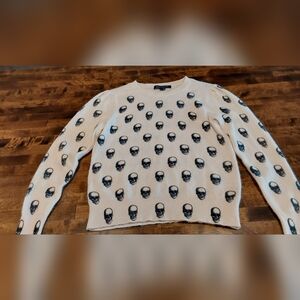 360 Cashmere Skull Print Wool Cashmere Blend Sweater Cream Size L